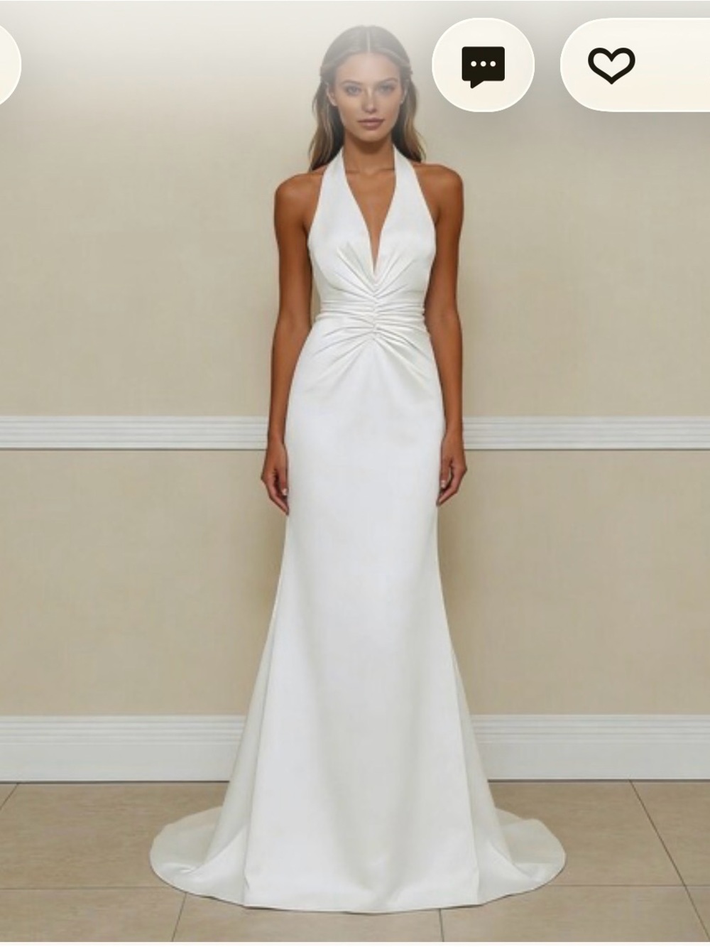 Elegant White Halter Deep V Neck Ruched Waist Bridal or Evening Dress